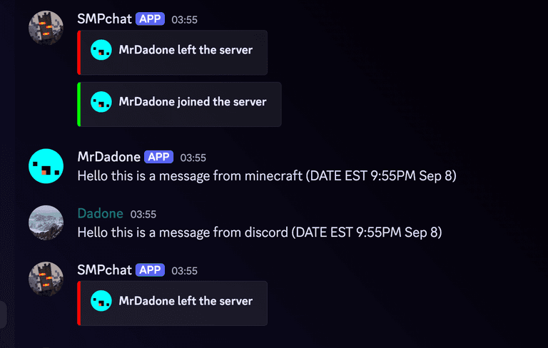 Seen in Discord: A message typed in Minecraft is posted to the linked Discord channel under the sender’s Minecraft username and skin, next to a message typed in Discord. Joining and leaving the Minecraft server is posted to the same channel.